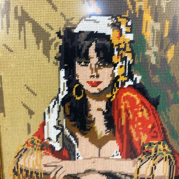 Vintage Needlepoint Gypsy Woman Ornate Gold Frame MCM 70s Picture - Picture 2 of 7